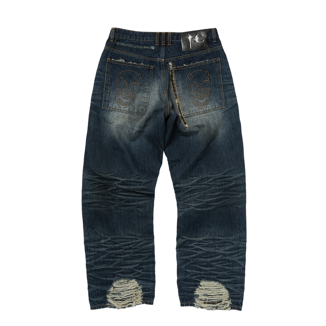 SKULL STITCH RIPPED DENIM PANTS