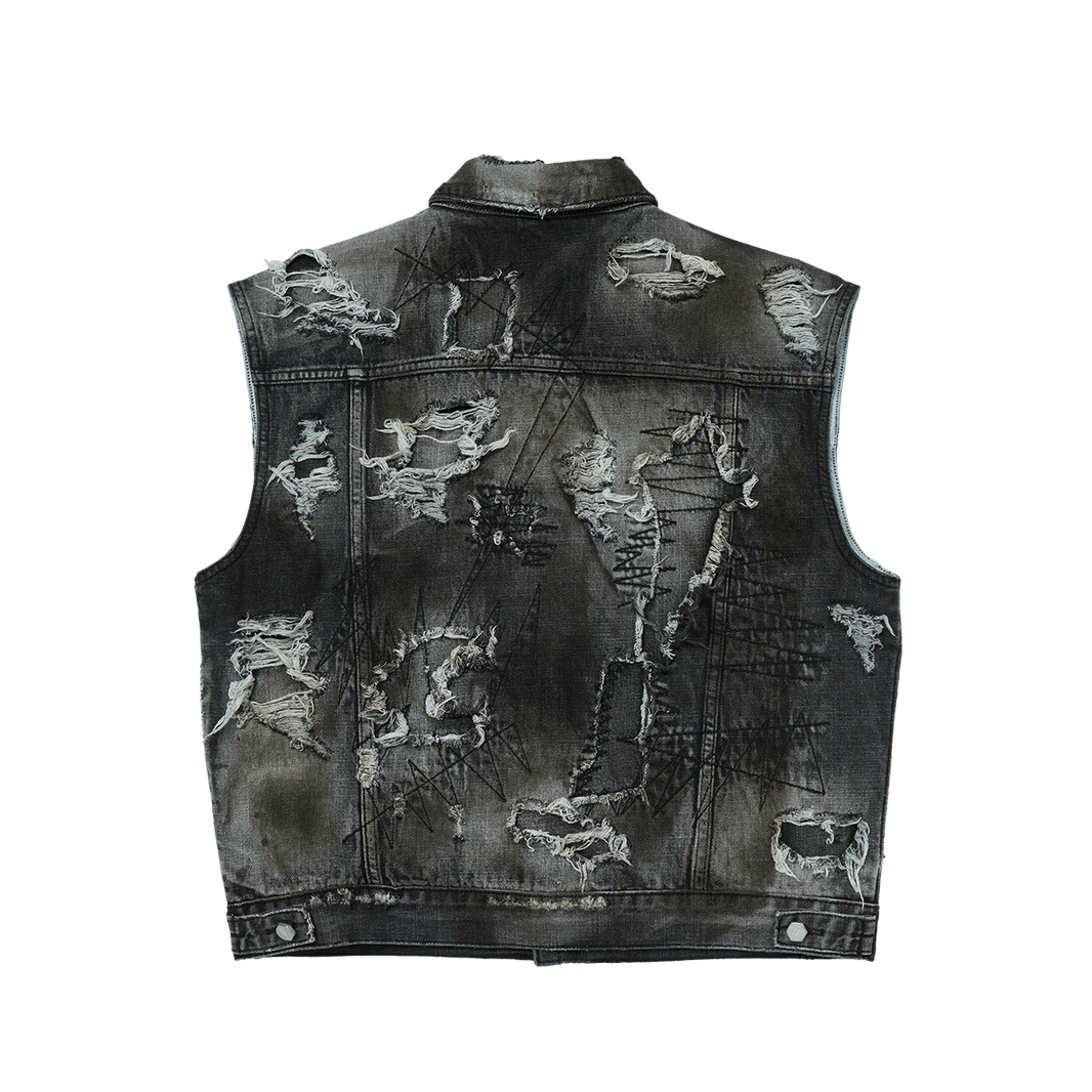 Hard-Washed Damaged Denim Vest