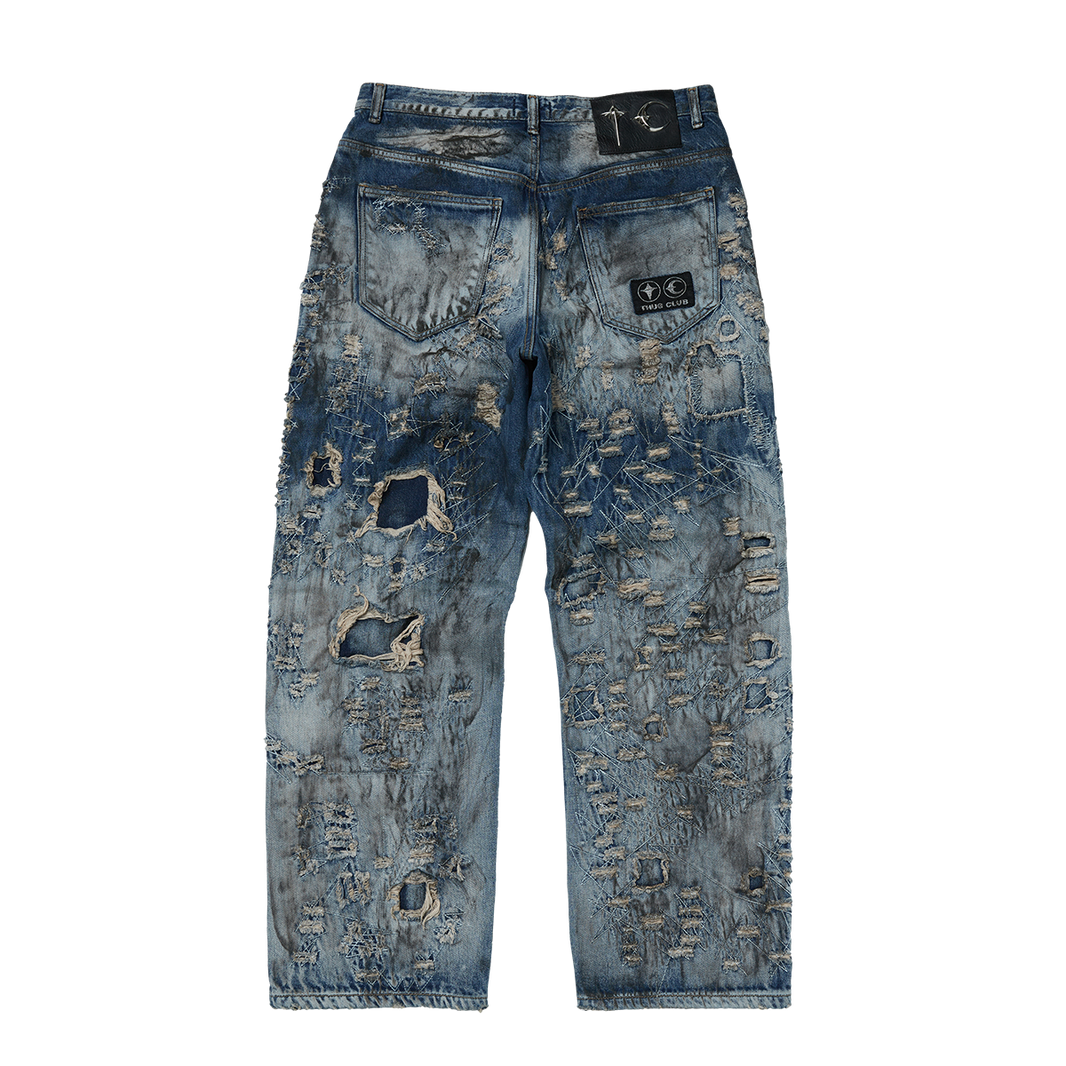 Hard-Washed Damaged Denim Pants