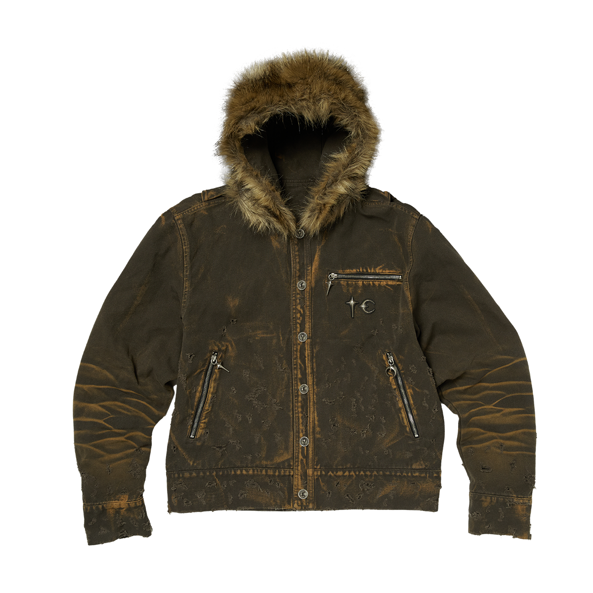 TC TWO TONE WASHED FUR HOODED JACKET
