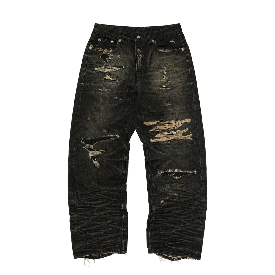 SKULL STITCH RIPPED DENIM PANTS