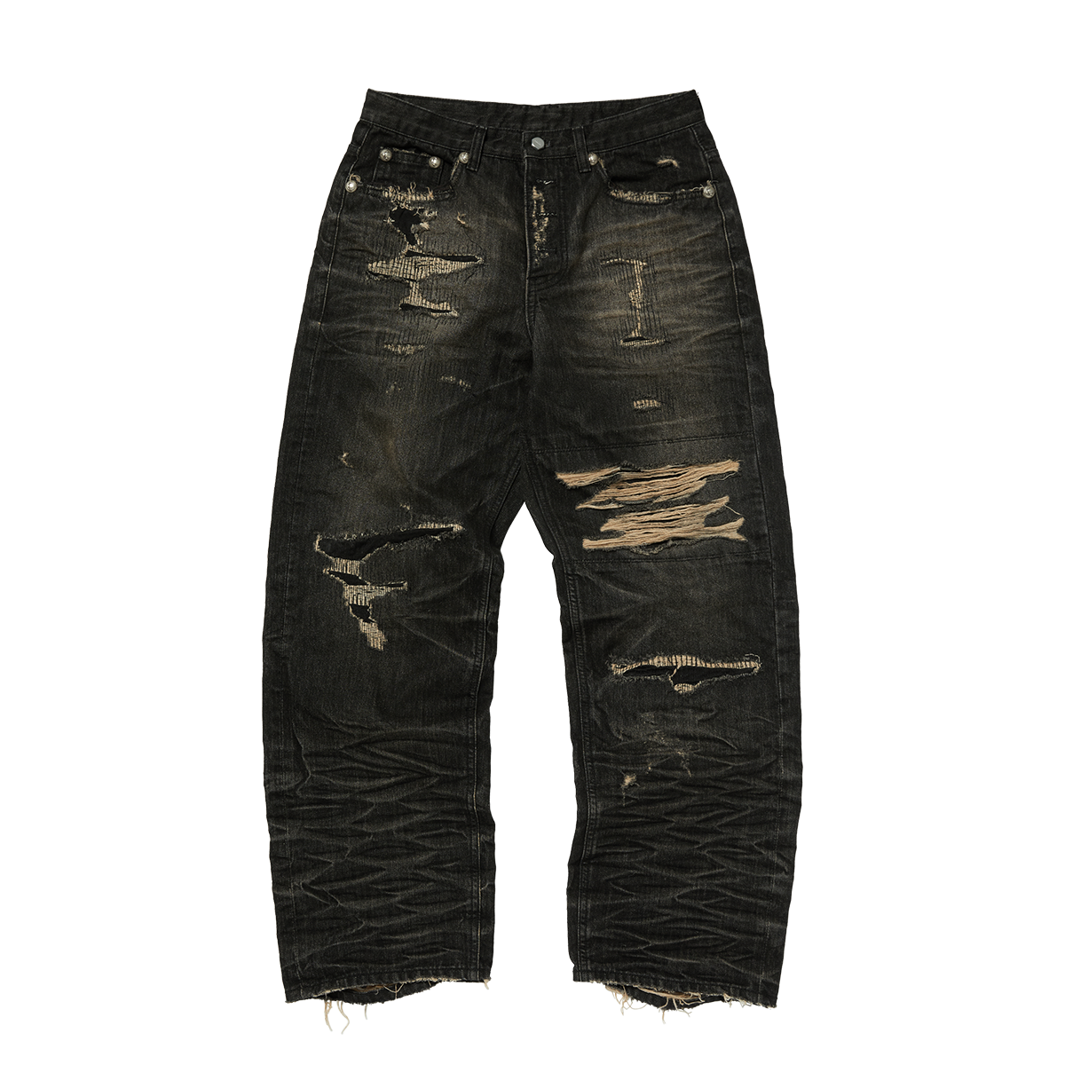SKULL STITCH RIPPED DENIM PANTS