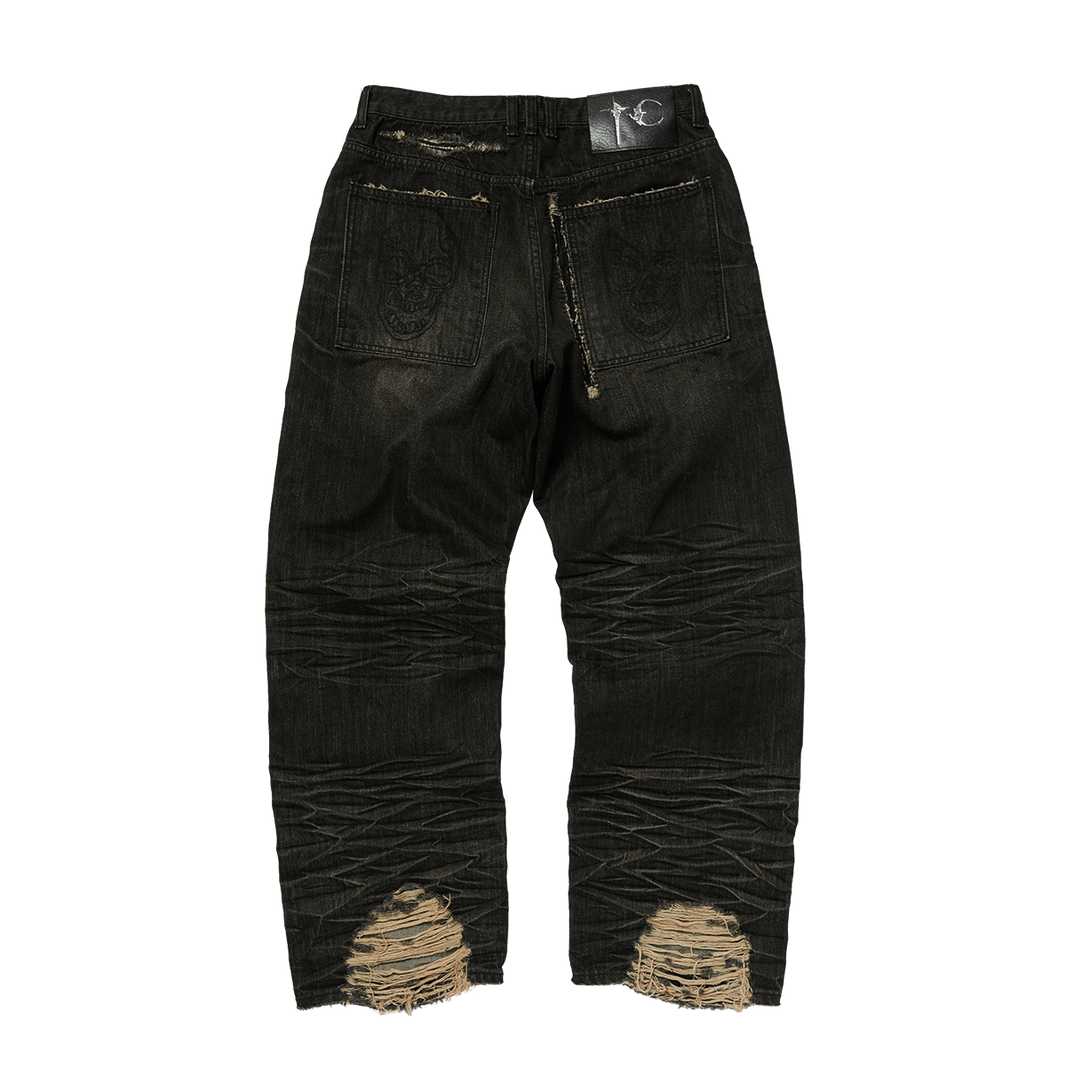SKULL STITCH RIPPED DENIM PANTS