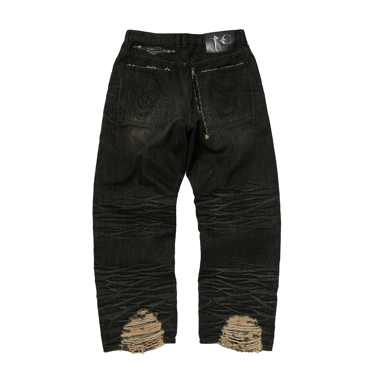SKULL STITCH RIPPED DENIM PANTS