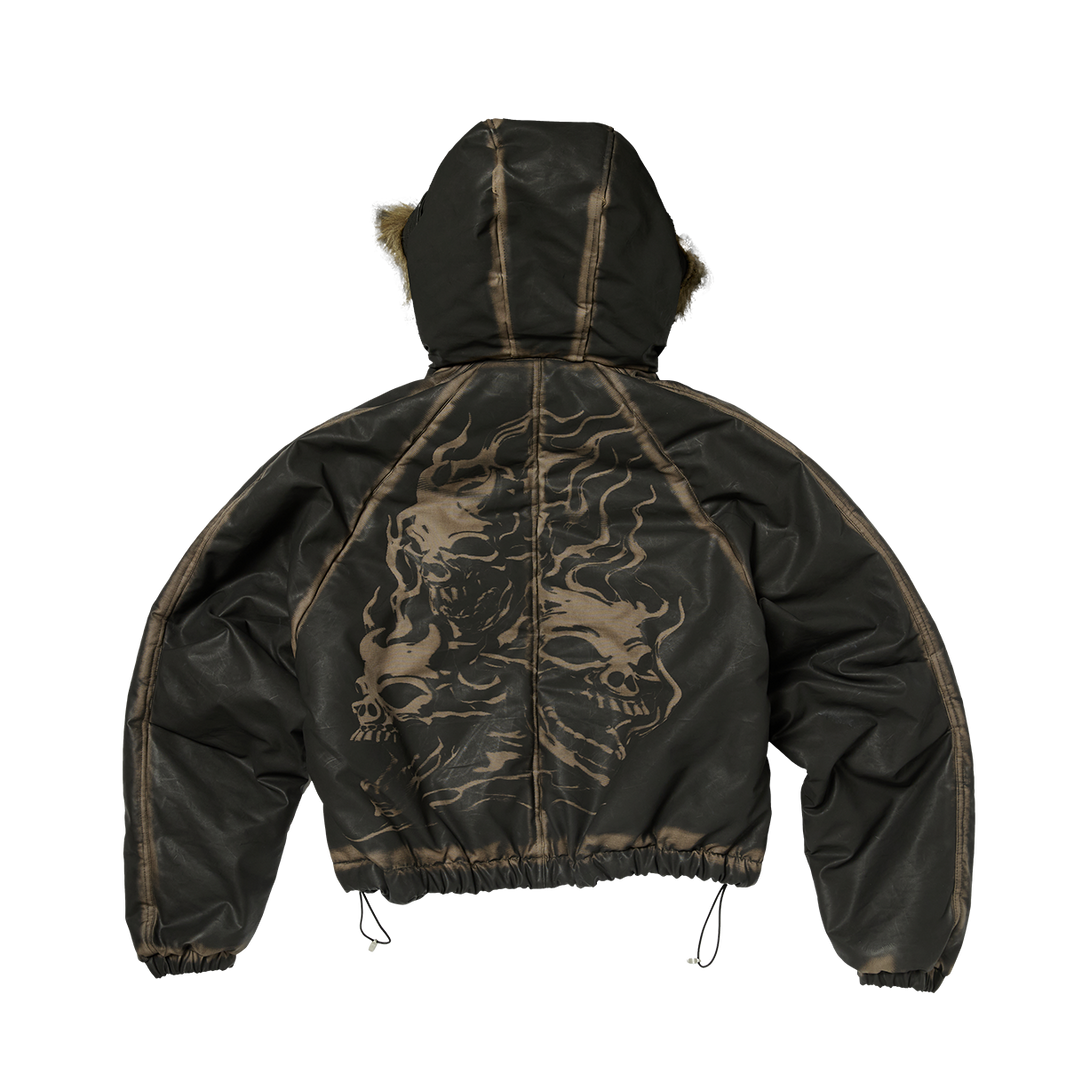 THREE RIDING SKULL FUR HOODED JACKET
