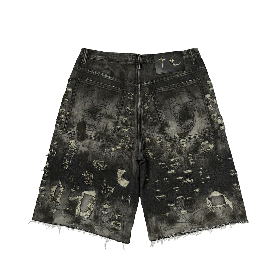 HARD WASHED DESTROYED DENIM SHORTS