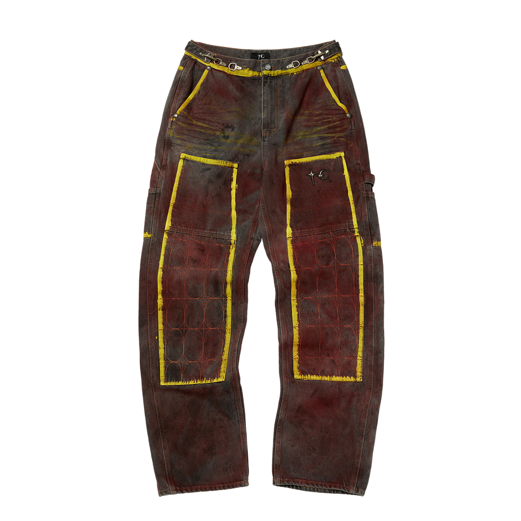 RED WASHED PAINTED LINE PANTS