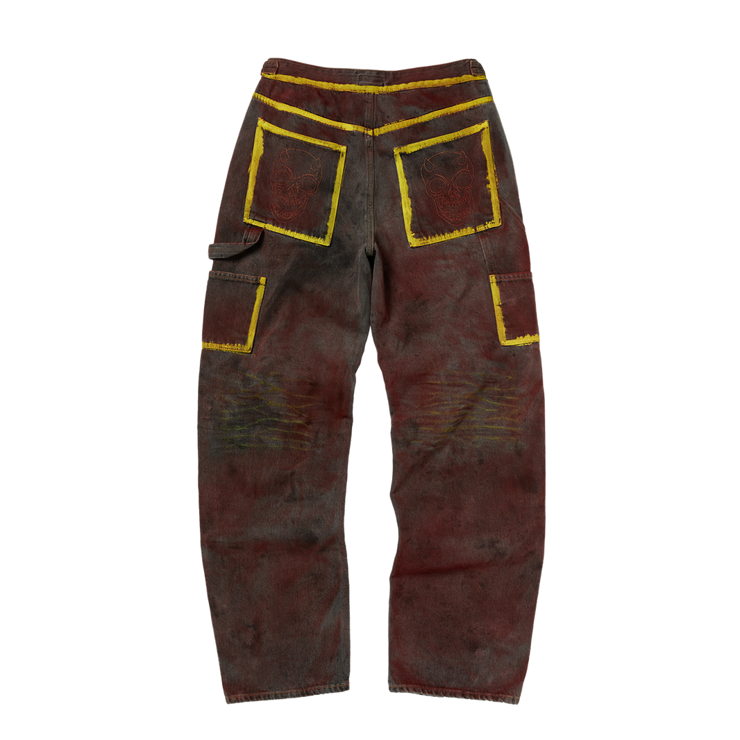 RED WASHED PAINTED LINE PANTS