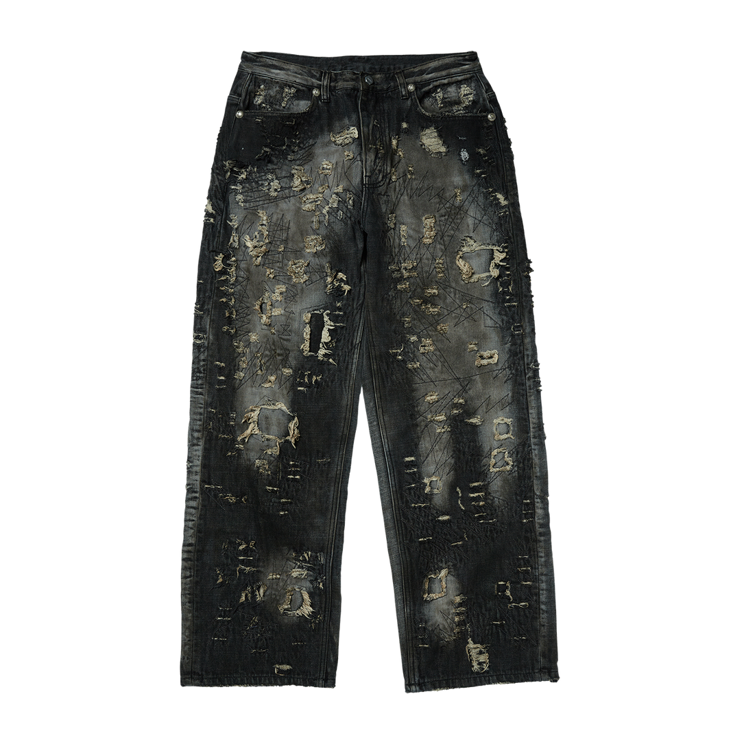 Hard-Washed Damaged Denim Pants
