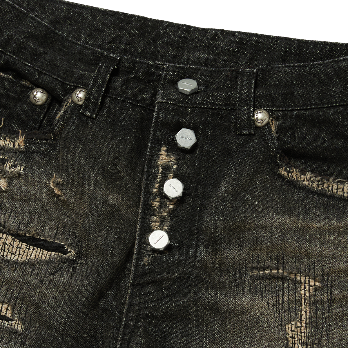 SKULL STITCH RIPPED DENIM PANTS