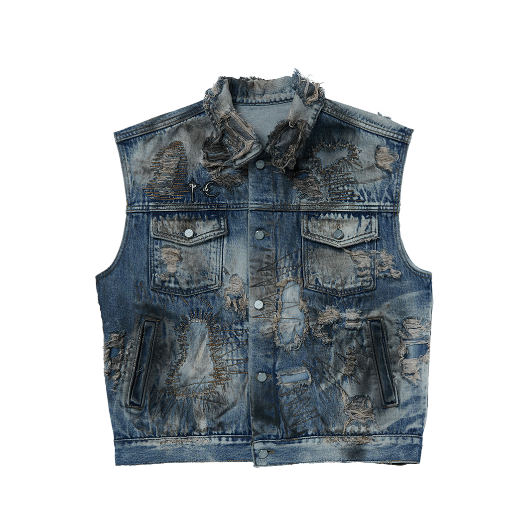 Hard-Washed Damaged Denim Vest