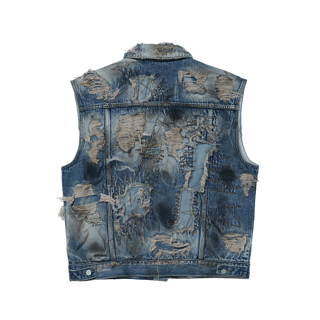 Hard-Washed Damaged Denim Vest