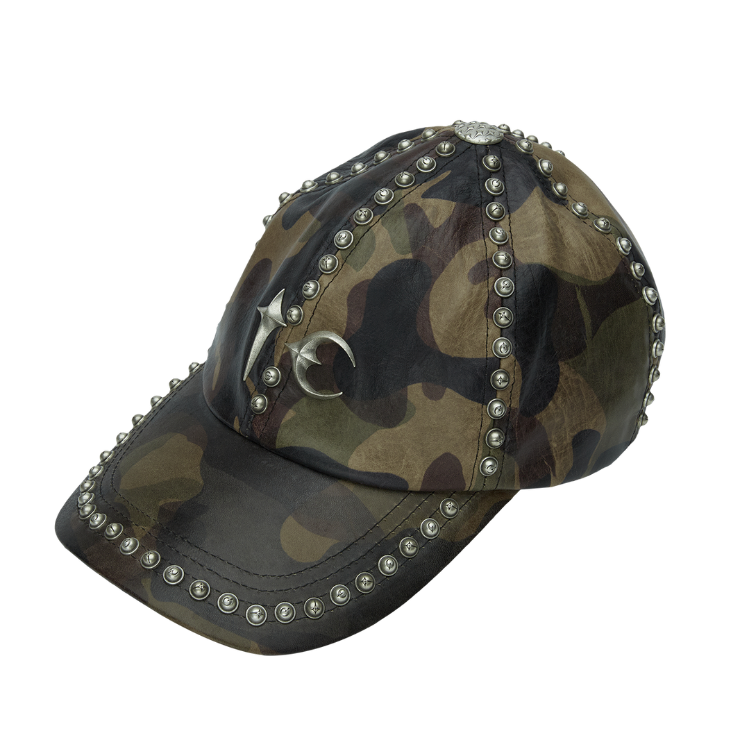 Studded Camo Leather Cap