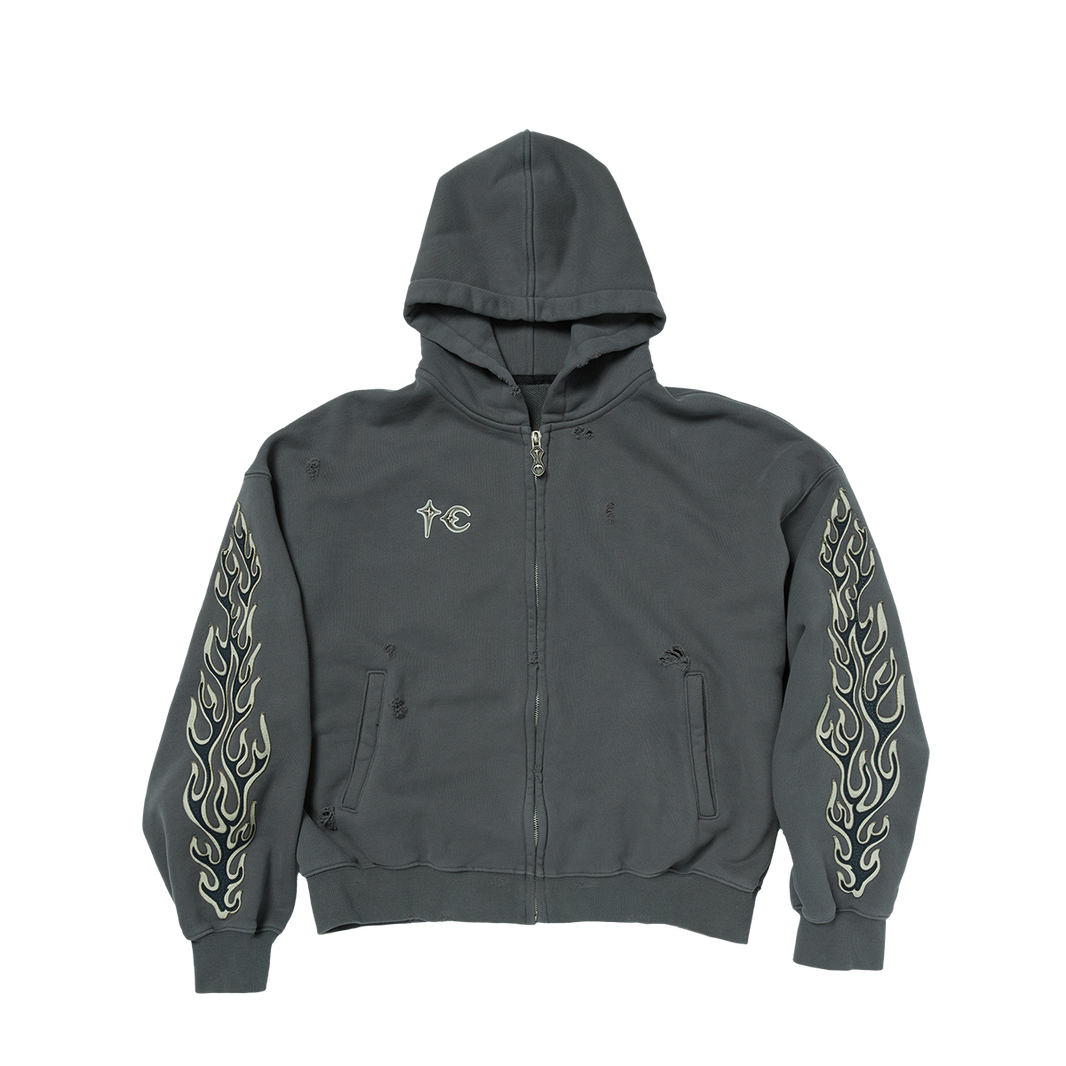 Leather Flame Hooded Zip-Up