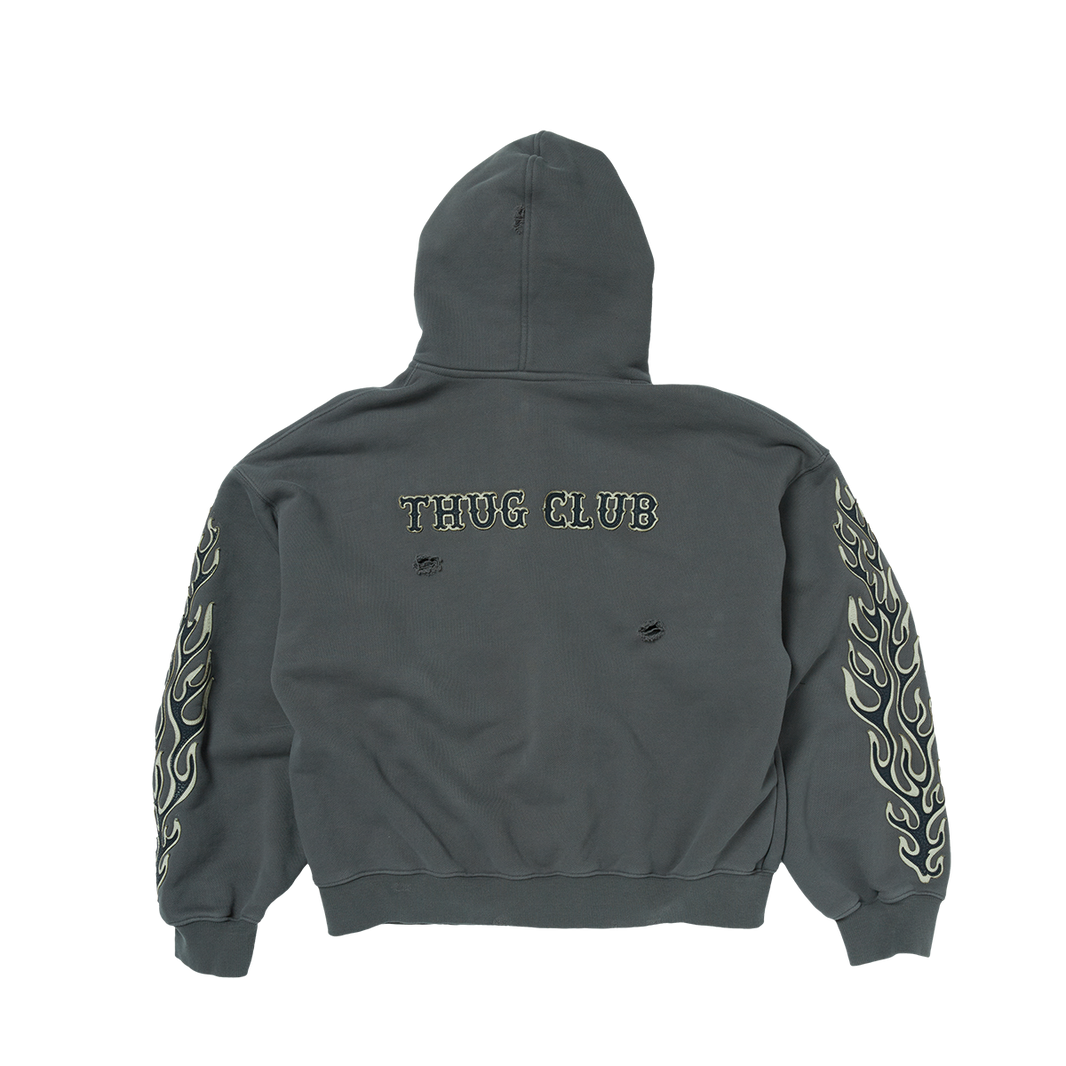 Leather Flame Hooded Zip-Up