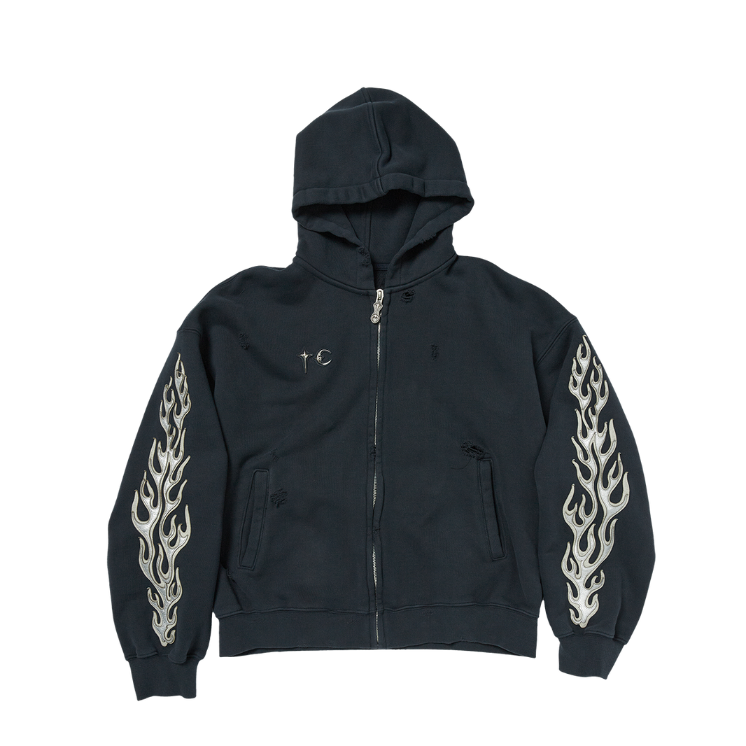 Leather Flame Hooded Zip-Up